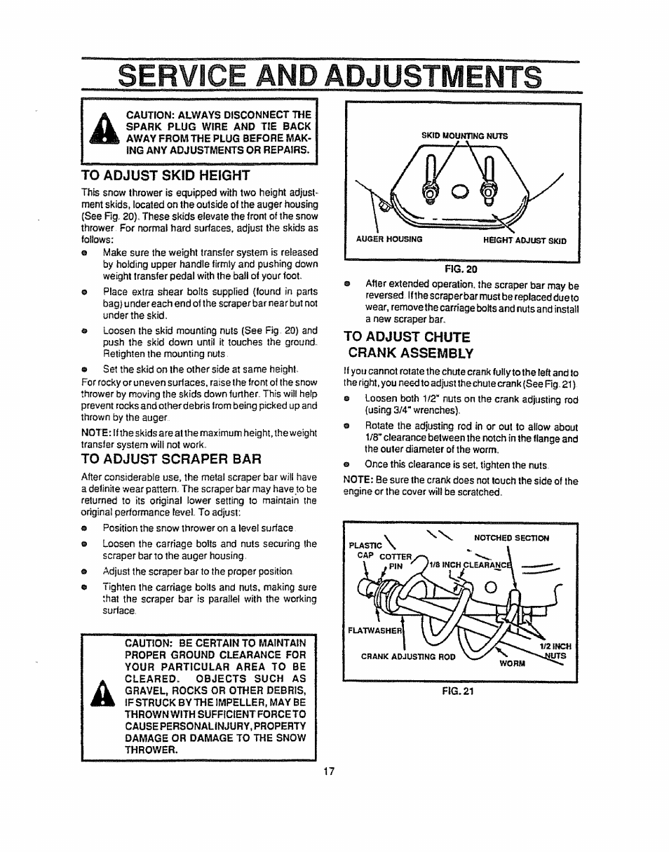 To adjust skid height, To adjust scraper bar, To adjust chute crank assembly | Service and adjustments | Sears 536.884821 User Manual | Page 17 / 44