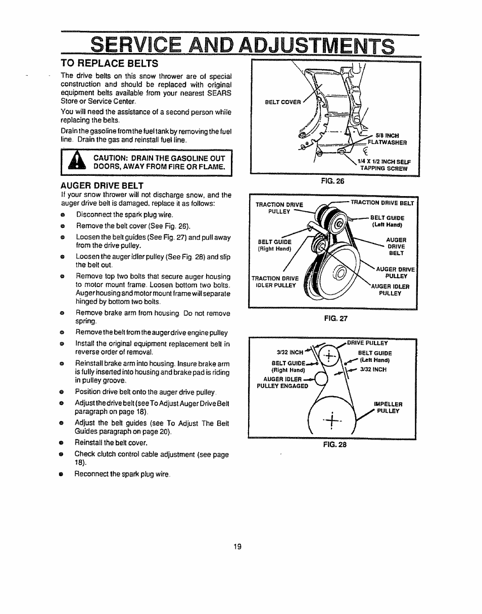 To replace belts, Auger drive belt, Service and adjustments | Sears 536.884821 User Manual | Page 19 / 44