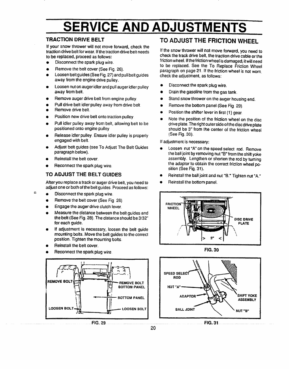 Traction drive belt, To adjust the belt guides, Service and adjustments | Sears 536.884821 User Manual | Page 20 / 44