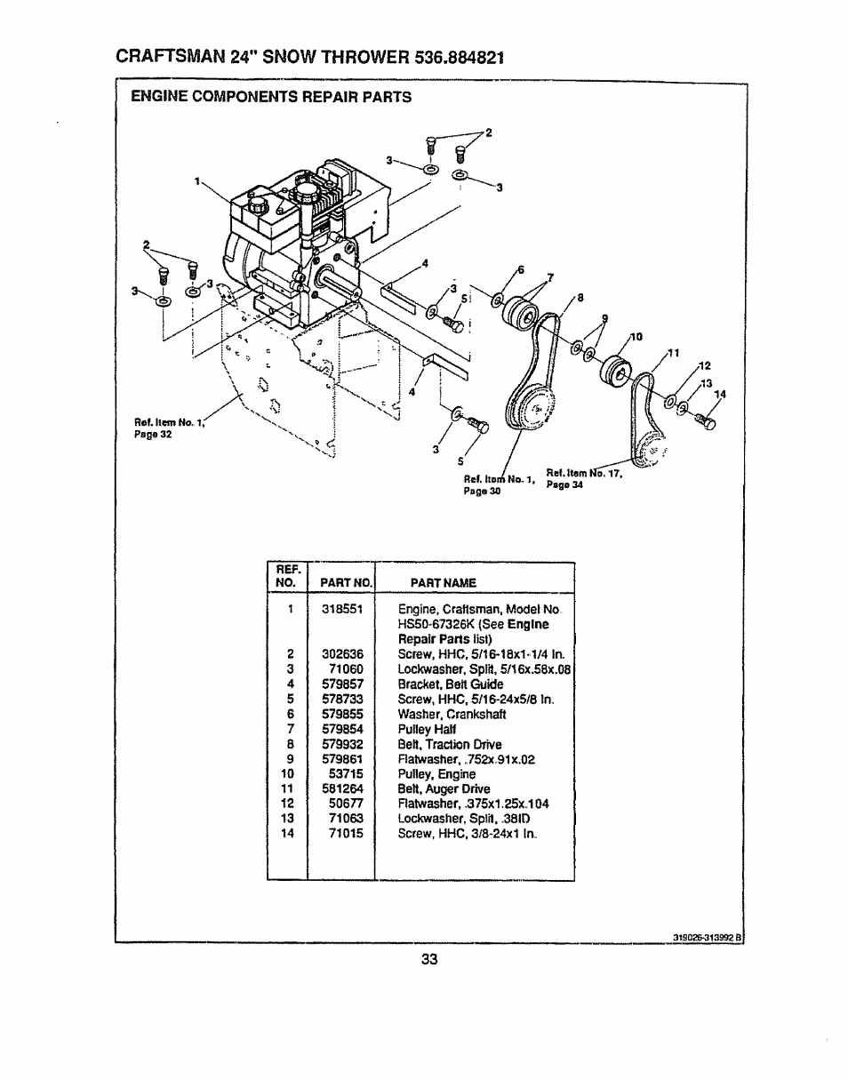 Engine components repair parts | Sears 536.884821 User Manual | Page 33 / 44