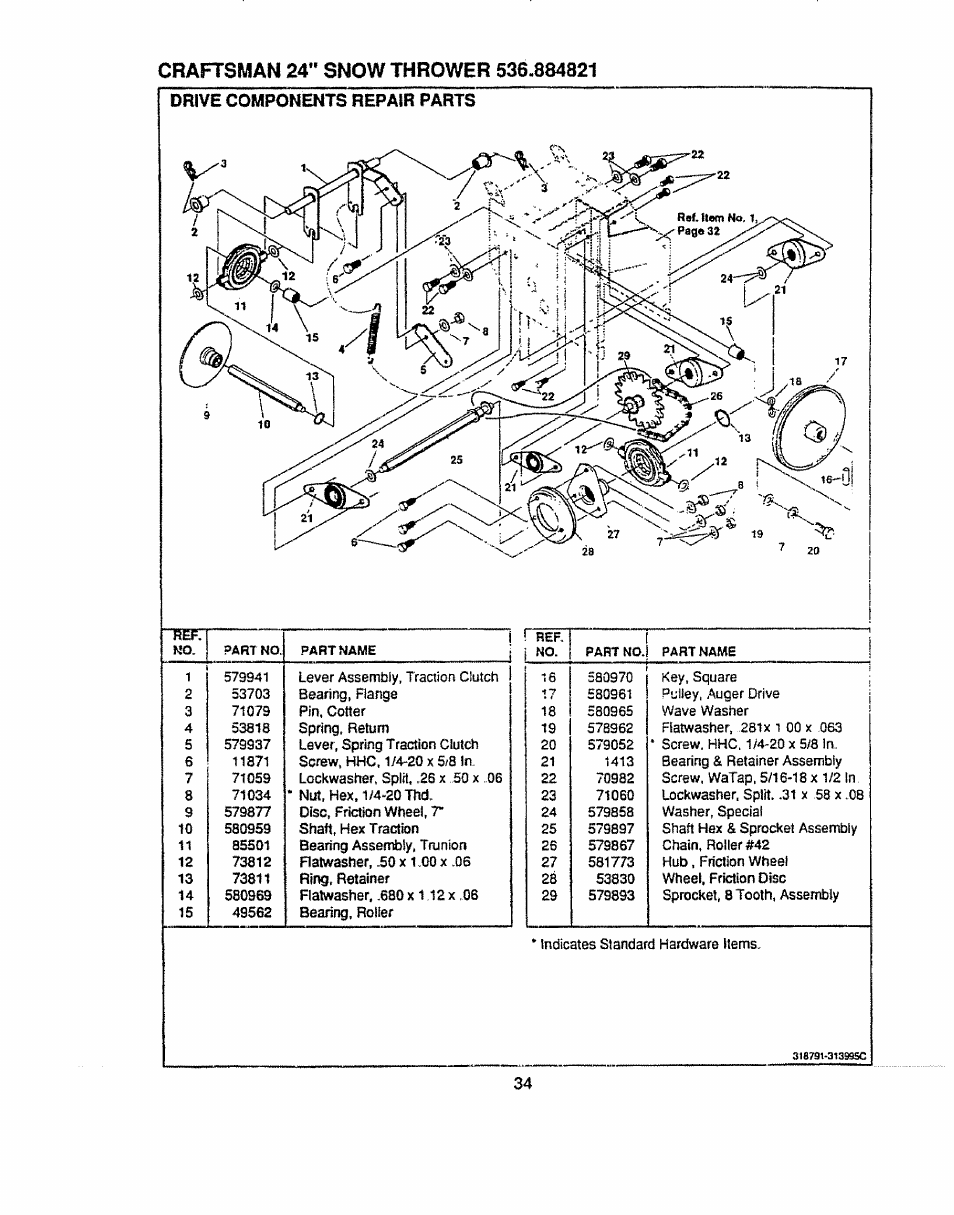 Drive components repair parts | Sears 536.884821 User Manual | Page 34 / 44