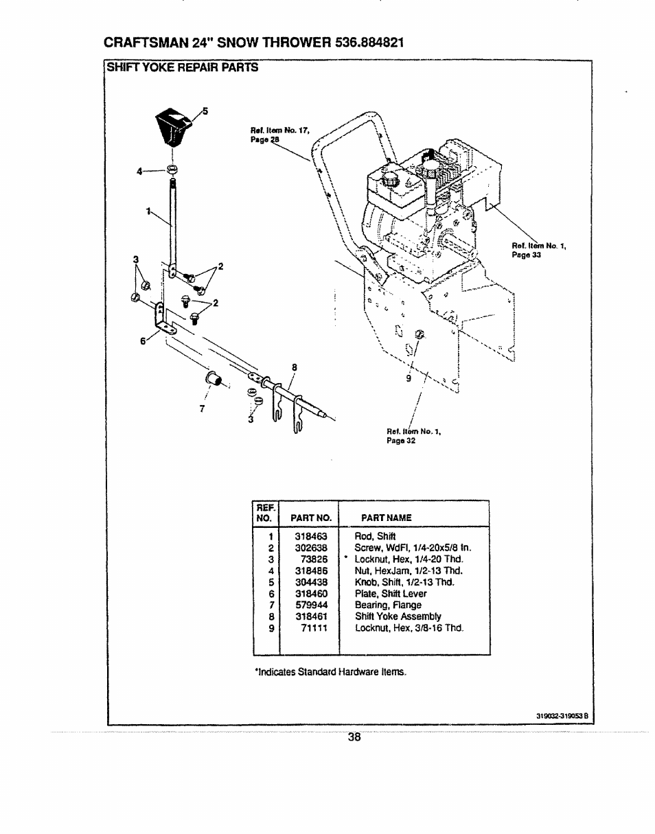 Shift yoke repair parts | Sears 536.884821 User Manual | Page 38 / 44