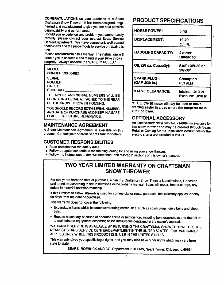 Optional accessory, Maintenance agreement, Customer responsibilities | Product specifications, 0 year limited warranty on craftsman snow thrower | Sears 536.884821 User Manual | Page 4 / 44