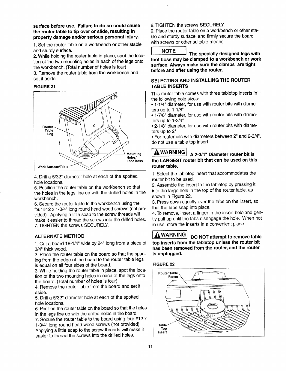 Selecting and installing the router table inserts, Alternate method | Sears 26462_0 User Manual | Page 11 / 22