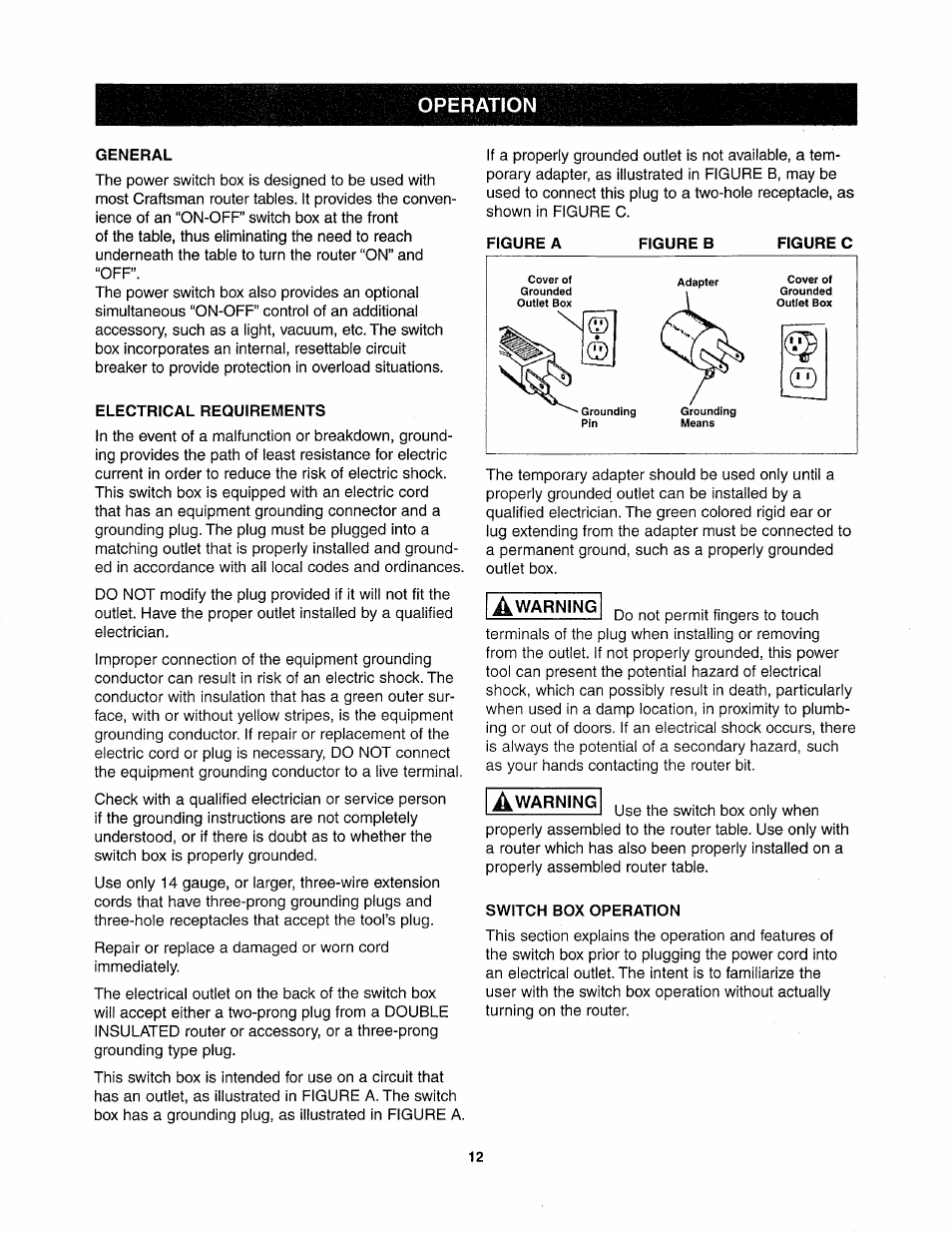 General, Electrical requirements, Switch box operation | Operation | Sears 26462_0 User Manual | Page 12 / 22