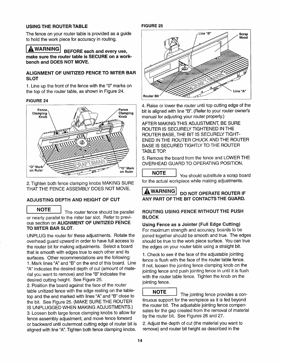 Alignment of unitized fence to miter bar slot, Adjusting depth and height of cut, Routing using fence without the push block | Using fence as a jointer (full edge cutting) | Sears 26462_0 User Manual | Page 14 / 22