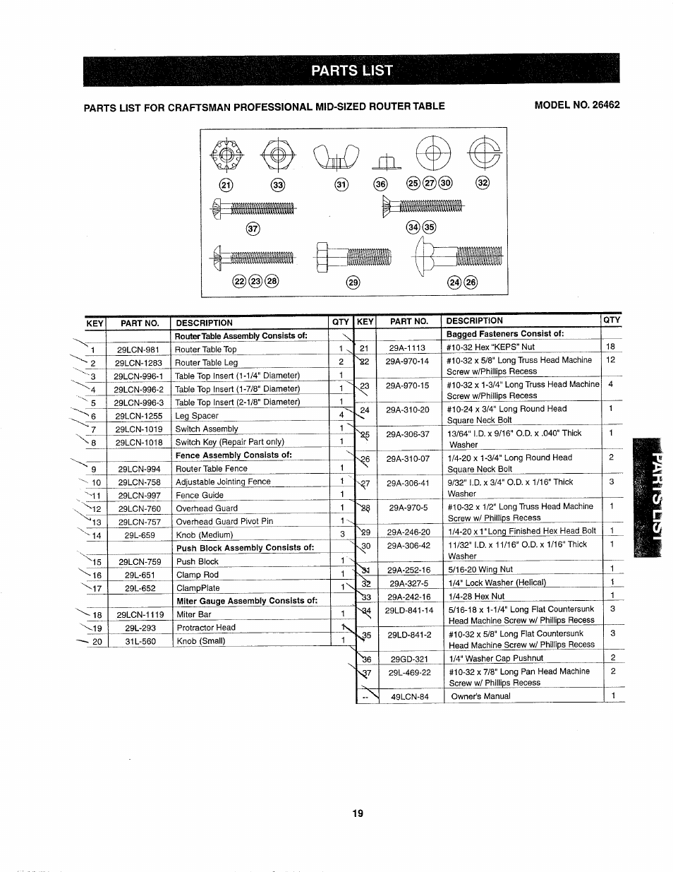 Parts list | Sears 26462_0 User Manual | Page 19 / 22