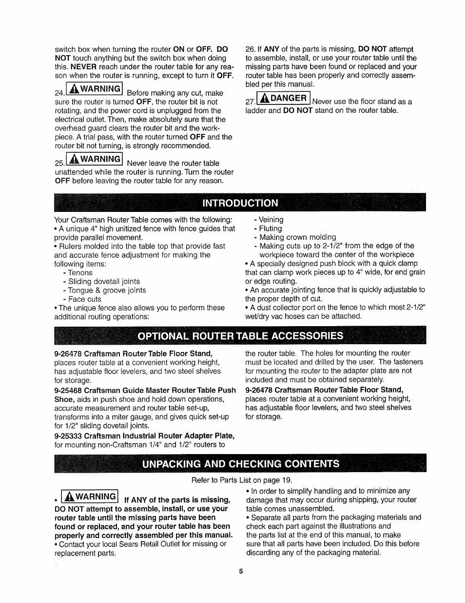 26478 craftsman router table floor stand, 25333 craftsman industrial router adapter plate, Introduction | Optional router table accessories, Unpacking and checking contents | Sears 26462_0 User Manual | Page 5 / 22
