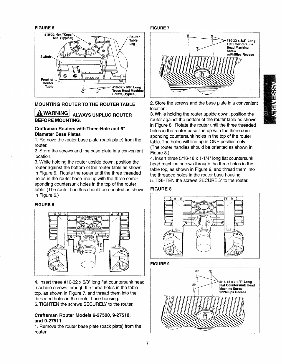 Always unplug router, Before mounting, Craftsman routers with three-hole and 6 | Sears 26462_0 User Manual | Page 7 / 22