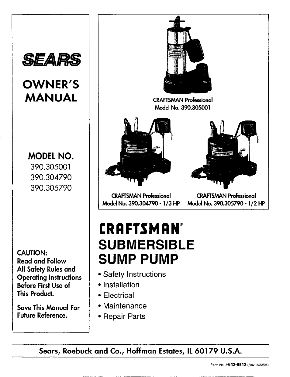 Sears 390.30579 User Manual | 10 pages