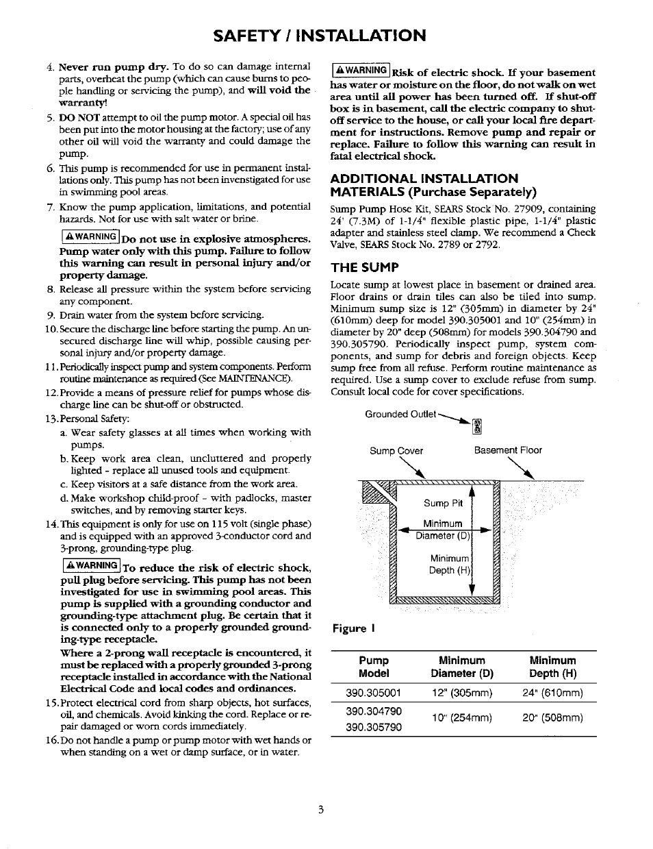 Safety / installation, The sump | Sears 390.30579 User Manual | Page 3 / 10