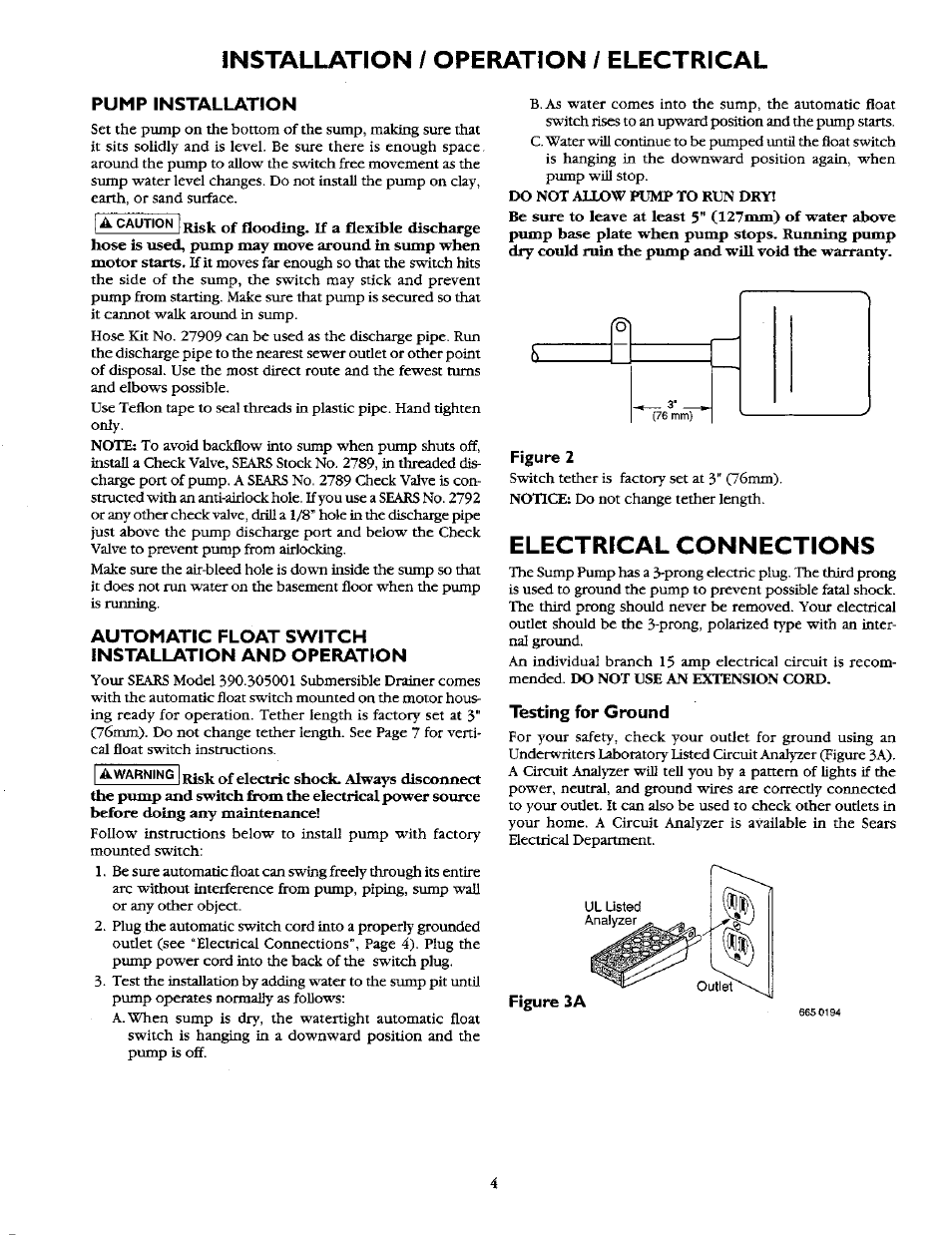 Installation / operation / electrical, Electrical connections | Sears 390.30579 User Manual | Page 4 / 10