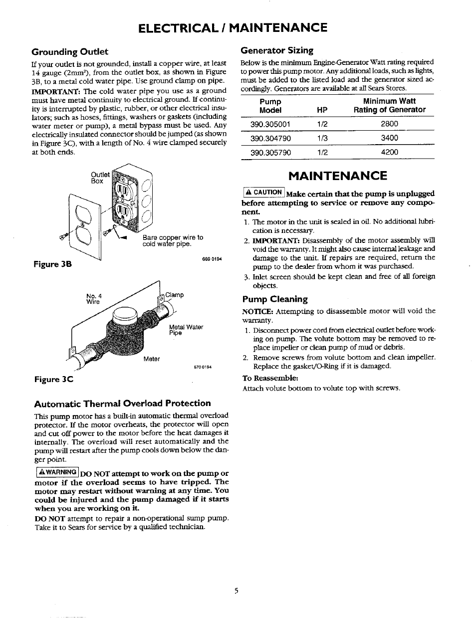 Electrical / maintenance, Maintenance | Sears 390.30579 User Manual | Page 5 / 10