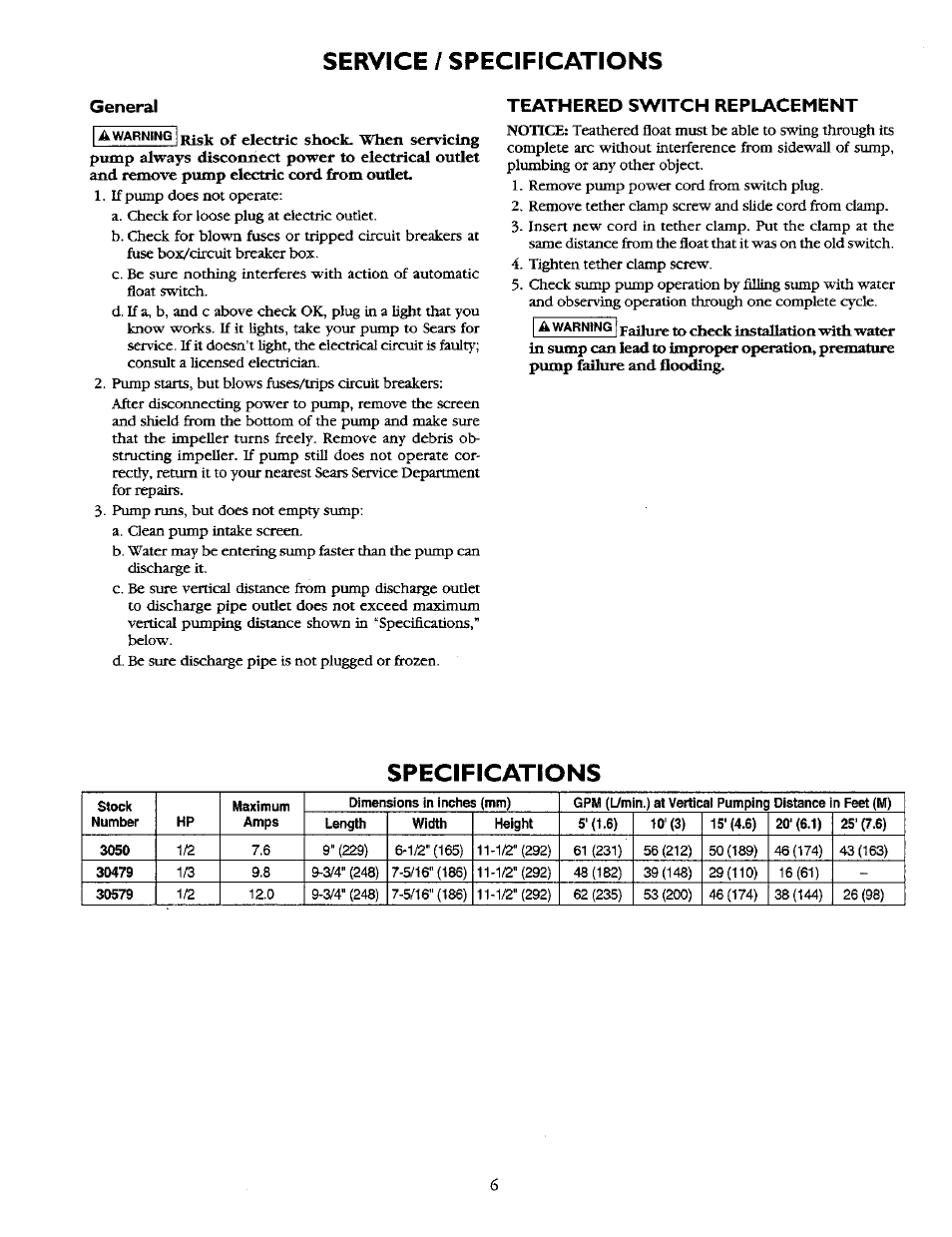 Service / specifications, Specifications | Sears 390.30579 User Manual | Page 6 / 10