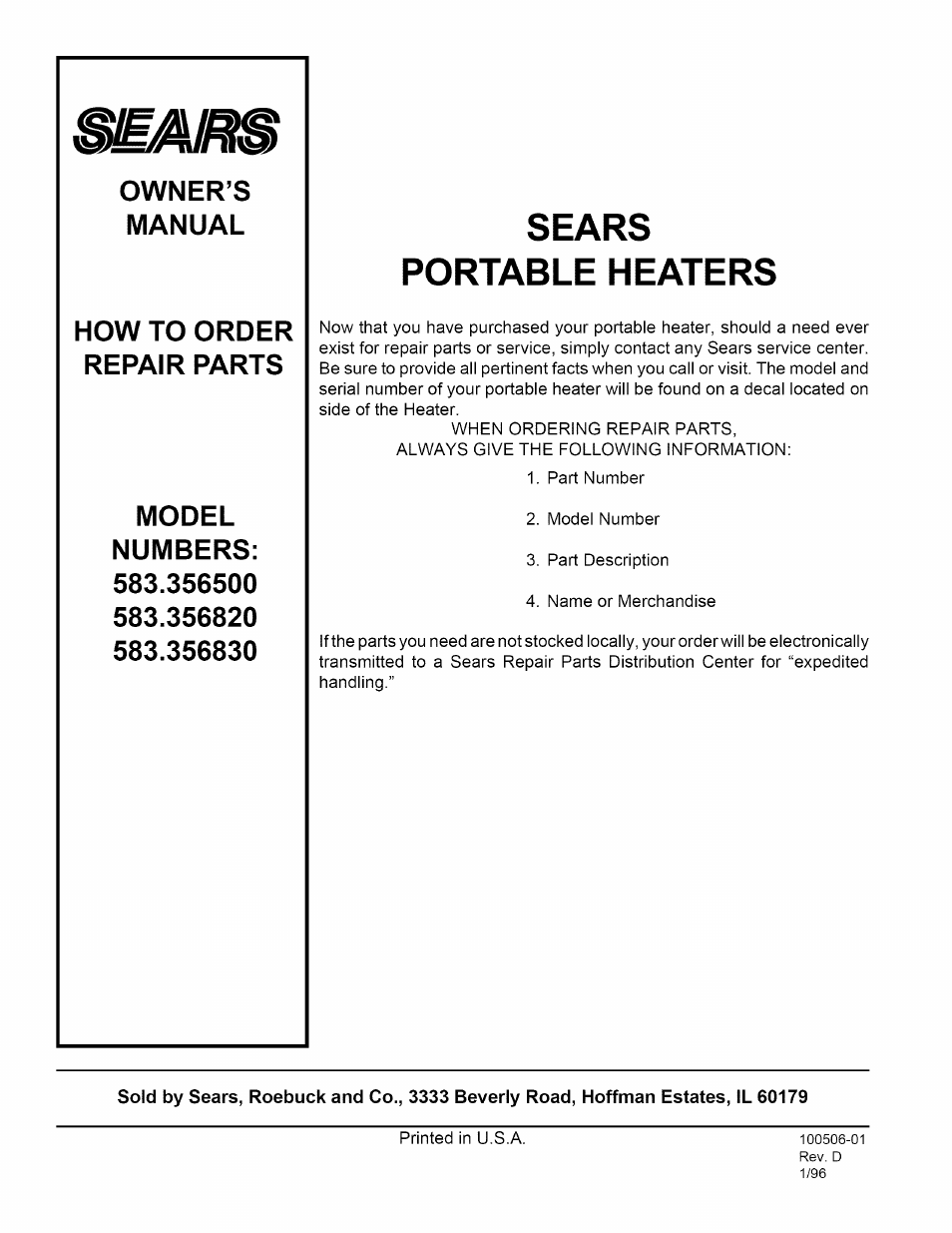 Sears, Portable heaters | Sears 583.35683 User Manual | Page 24 / 24