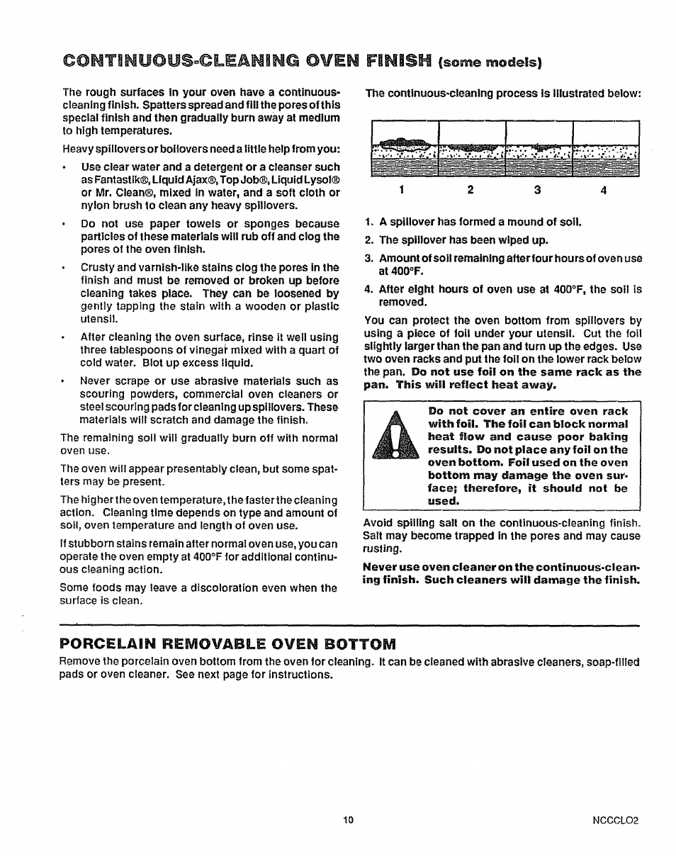 Porcelain removable oven bottom, Contimuous-clealilmg oven finish (some models) | Sears KENMORE 911.363209 User Manual | Page 11 / 18