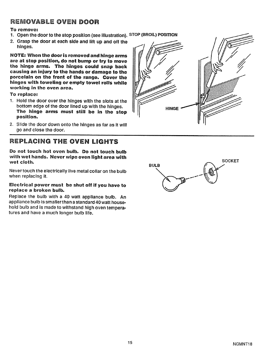 Remotable 0¥1n d©or, Replacinq the oven lights | Sears KENMORE 911.363209 User Manual | Page 14 / 18