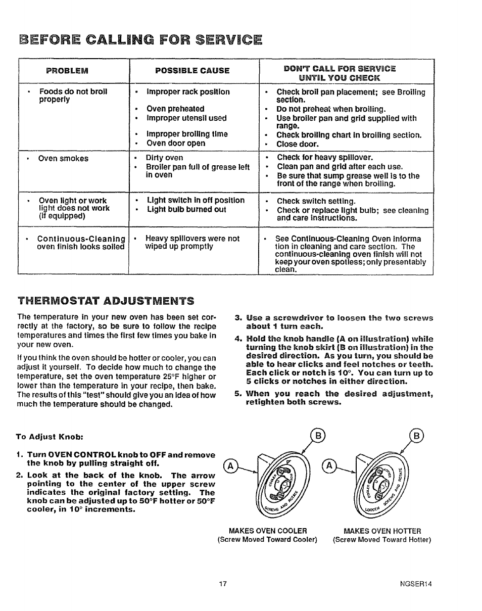 Thermostat adjustments, Bifore callino for service | Sears KENMORE 911.363209 User Manual | Page 16 / 18