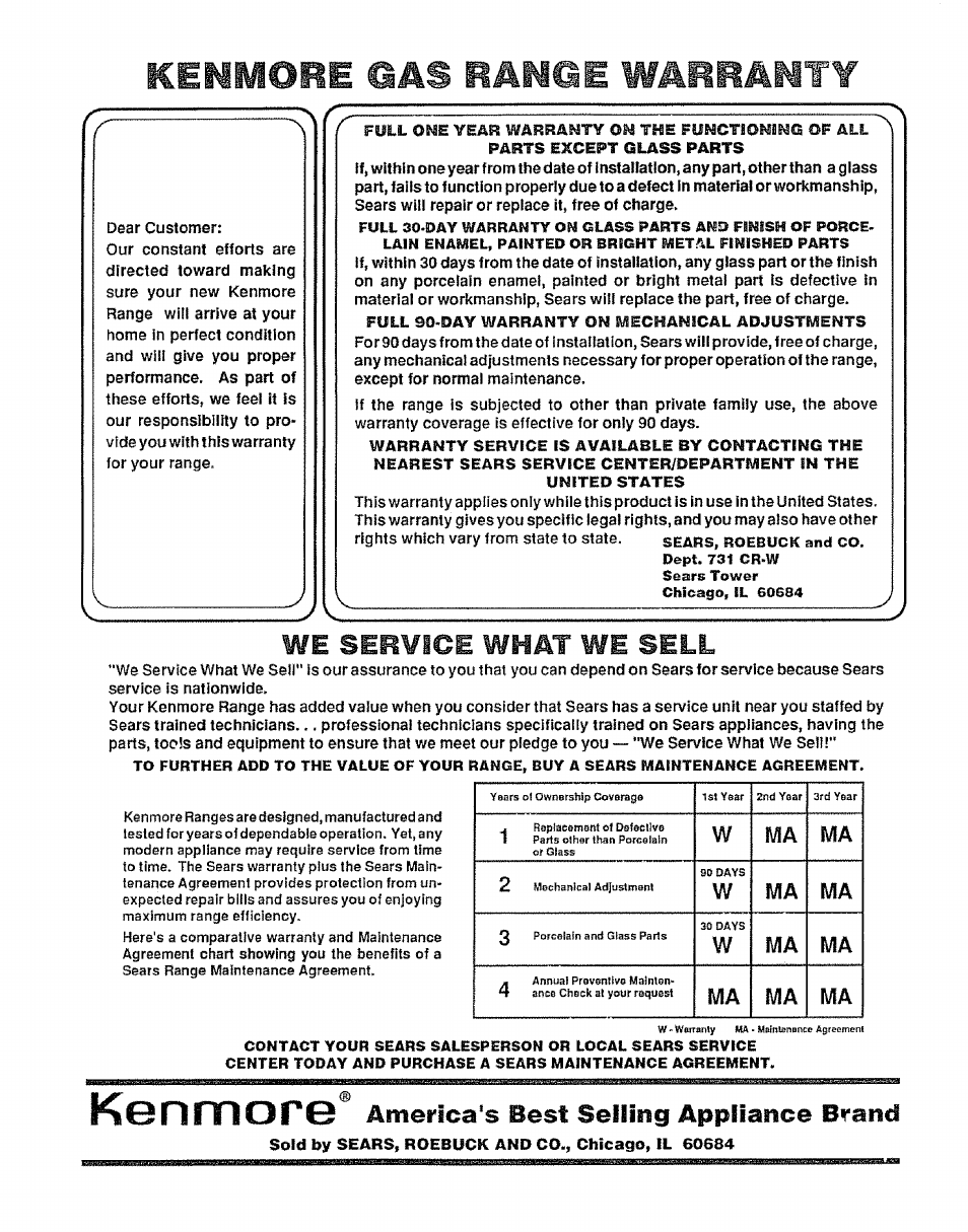 Lœhi^ore gas range warranty, Kenmore® america's best selling appliance brand, Kenmore | We service what we sell, America's best selling appliance brand, Will | Sears KENMORE 911.363209 User Manual | Page 18 / 18