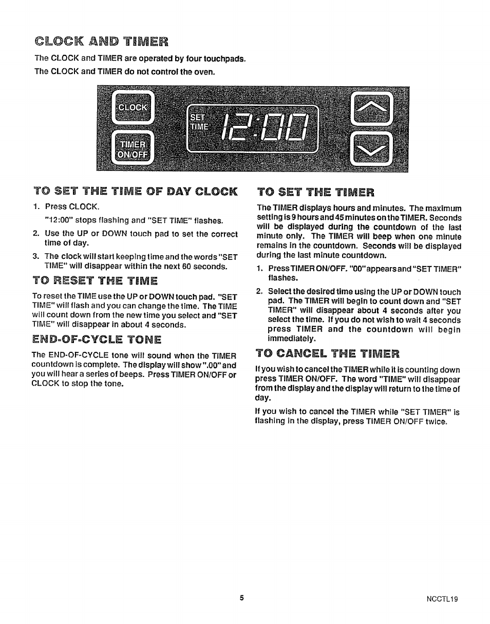 To set the time of bay clock, To reset the time, Eho-of»cycle tone | To set the timer, T© cancel the timer, El@cic hmb timek | Sears KENMORE 911.363209 User Manual | Page 6 / 18