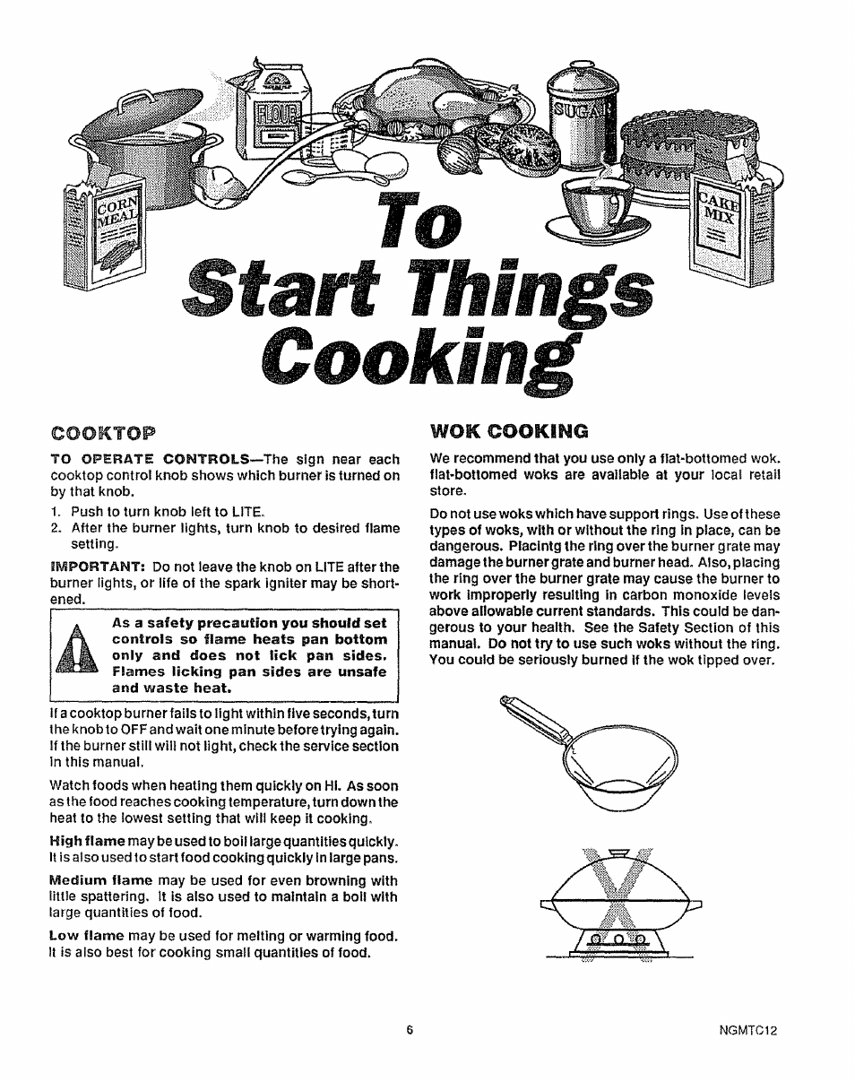 Start things cooking, Cooktop, Wok cookimg | Sears KENMORE 911.363209 User Manual | Page 7 / 18