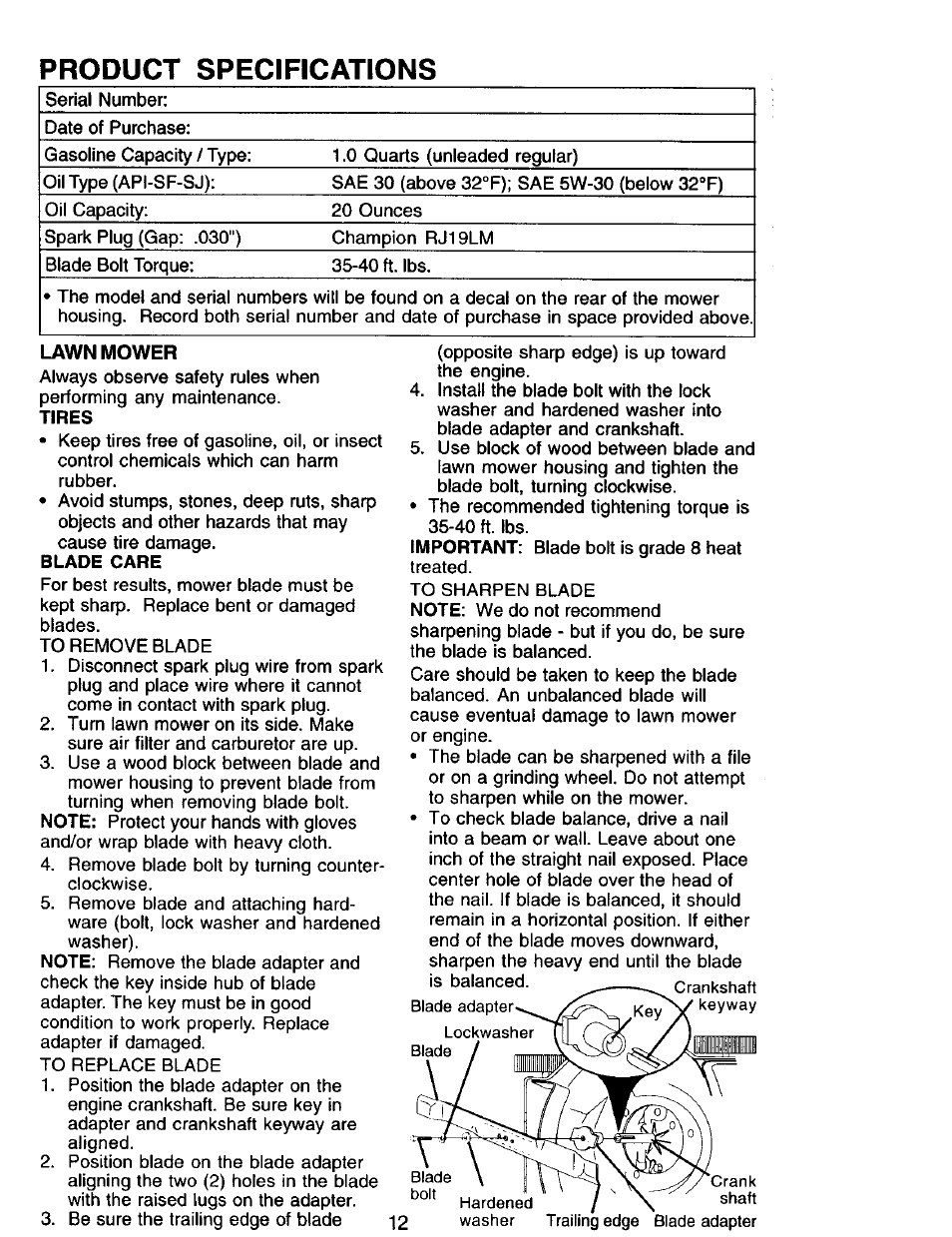 Product specifications | Sears 944.36201 User Manual | Page 12 / 24