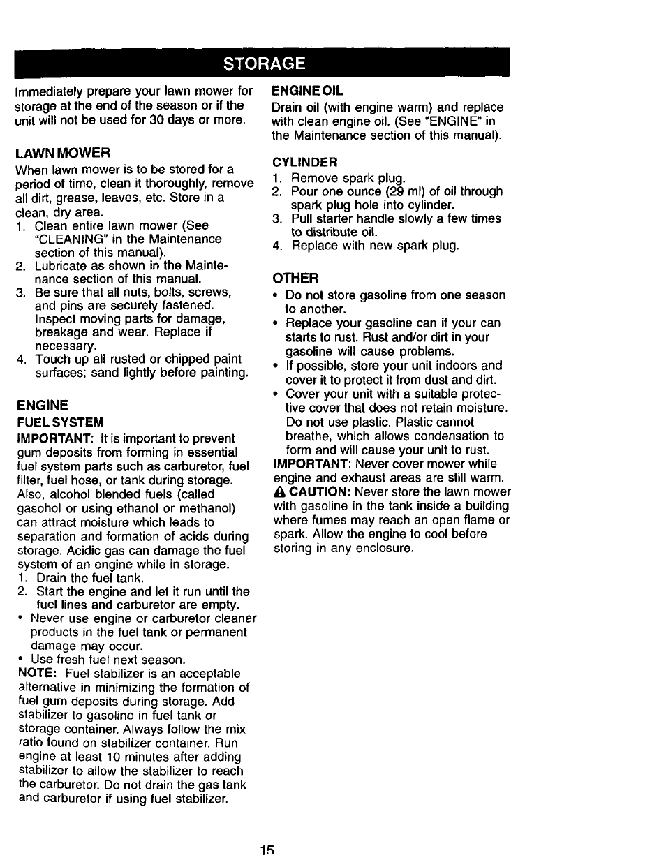 Storage | Sears 944.36201 User Manual | Page 15 / 24