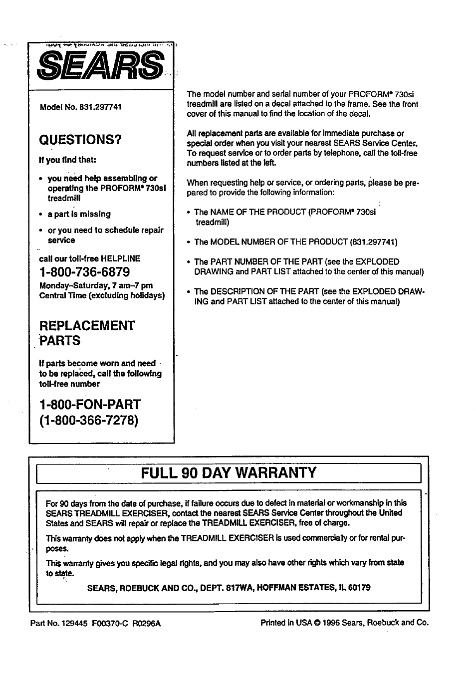 Full 90 day warranty, Questions, Replacement parts | Sears PRO-FORM 831.297741 User Manual | Page 24 / 24