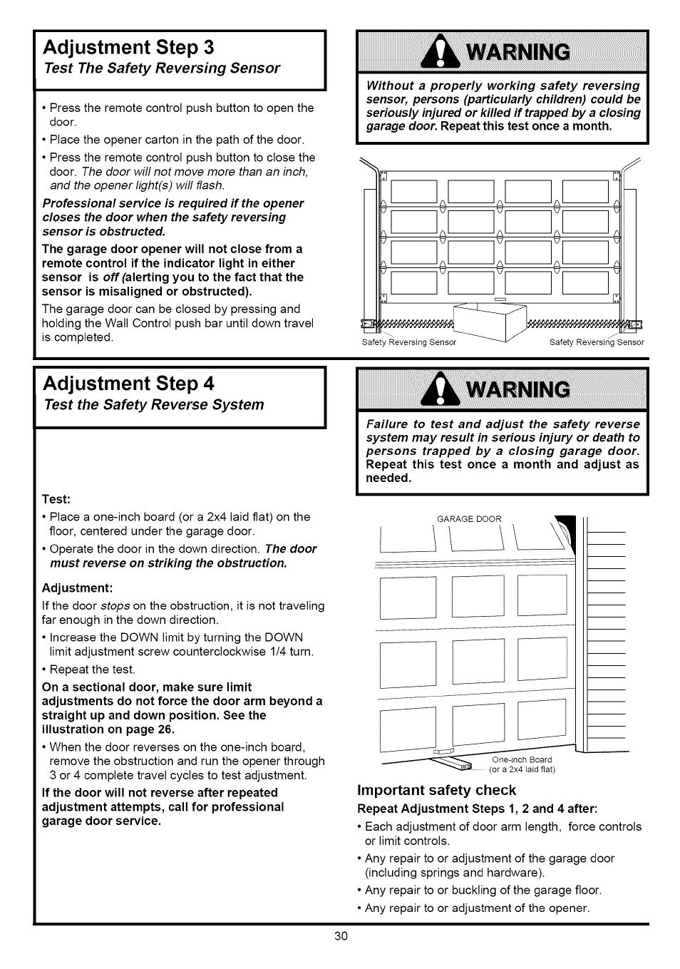 Adjustment step 3, Adjustment step 4, Test | Adjustment, Important safety check, Warning | Sears CRAFTSMAN 139.53640SRT User Manual | Page 30 / 40