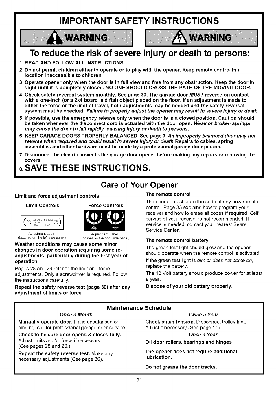 Care of your opener, Save these instructions | Sears CRAFTSMAN 139.53640SRT User Manual | Page 31 / 40