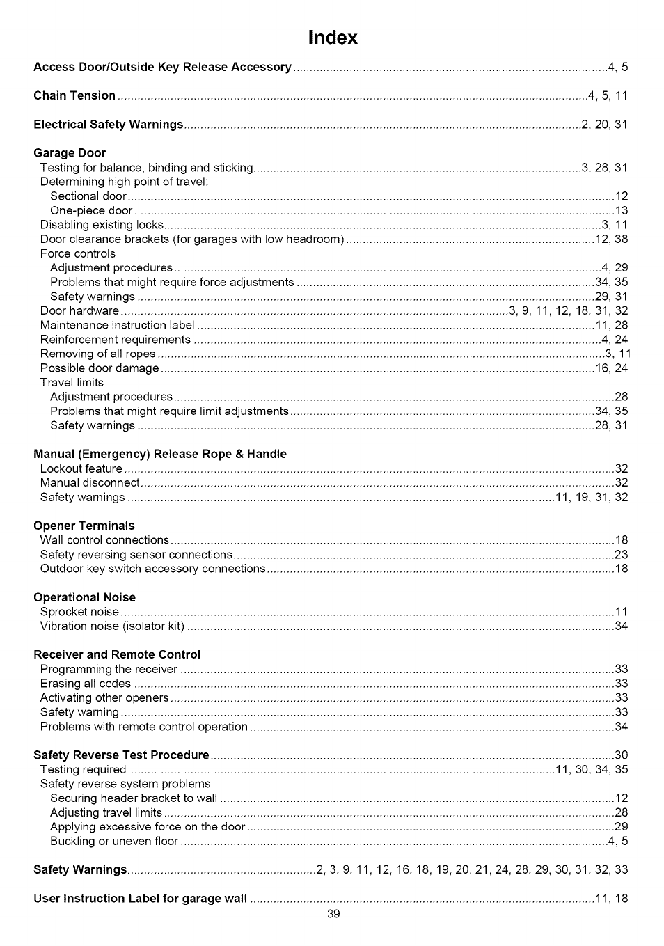 Index | Sears CRAFTSMAN 139.53640SRT User Manual | Page 39 / 40