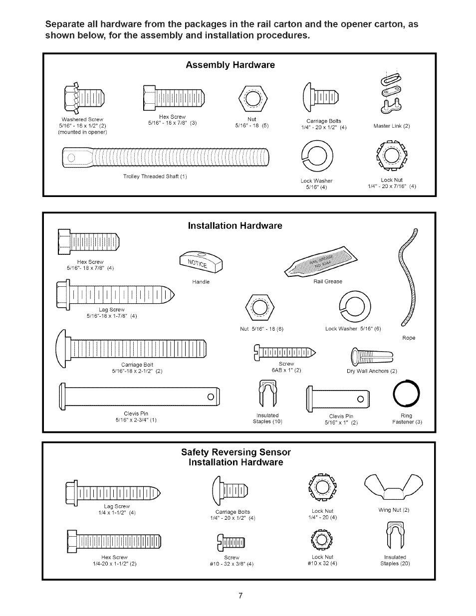 Assembly hardware | Sears CRAFTSMAN 139.53640SRT User Manual | Page 7 / 40