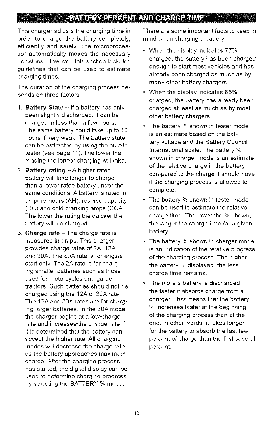 Battery percent and charge time | Sears 200.71225 User Manual | Page 13 / 16