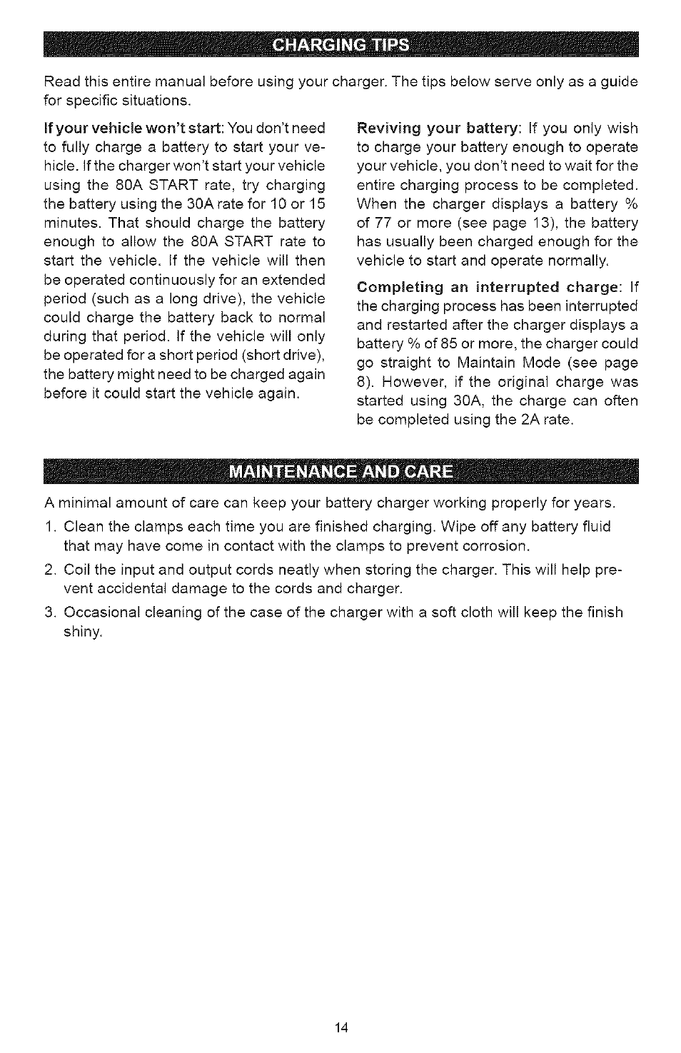 Charging tips, Maintenance and care | Sears 200.71225 User Manual | Page 14 / 16