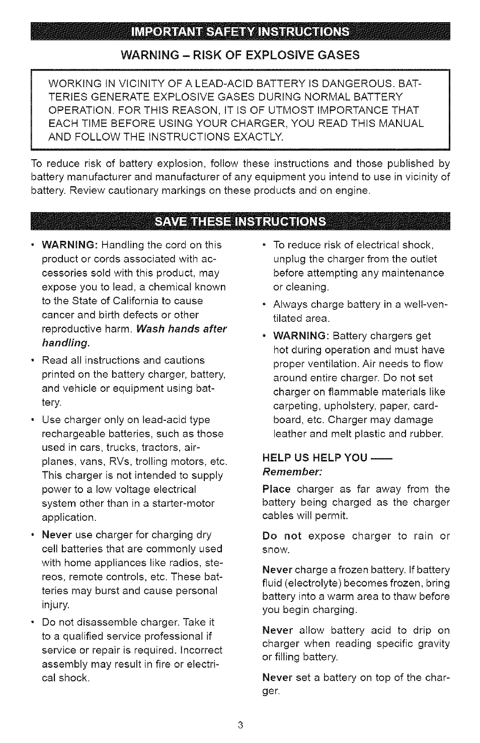 Warning - risk of explosive gases, Save these instructions | Sears 200.71225 User Manual | Page 3 / 16
