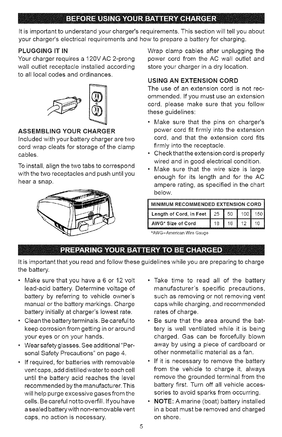 Before using your battery charger, Preparing your battery to be charged | Sears 200.71225 User Manual | Page 5 / 16
