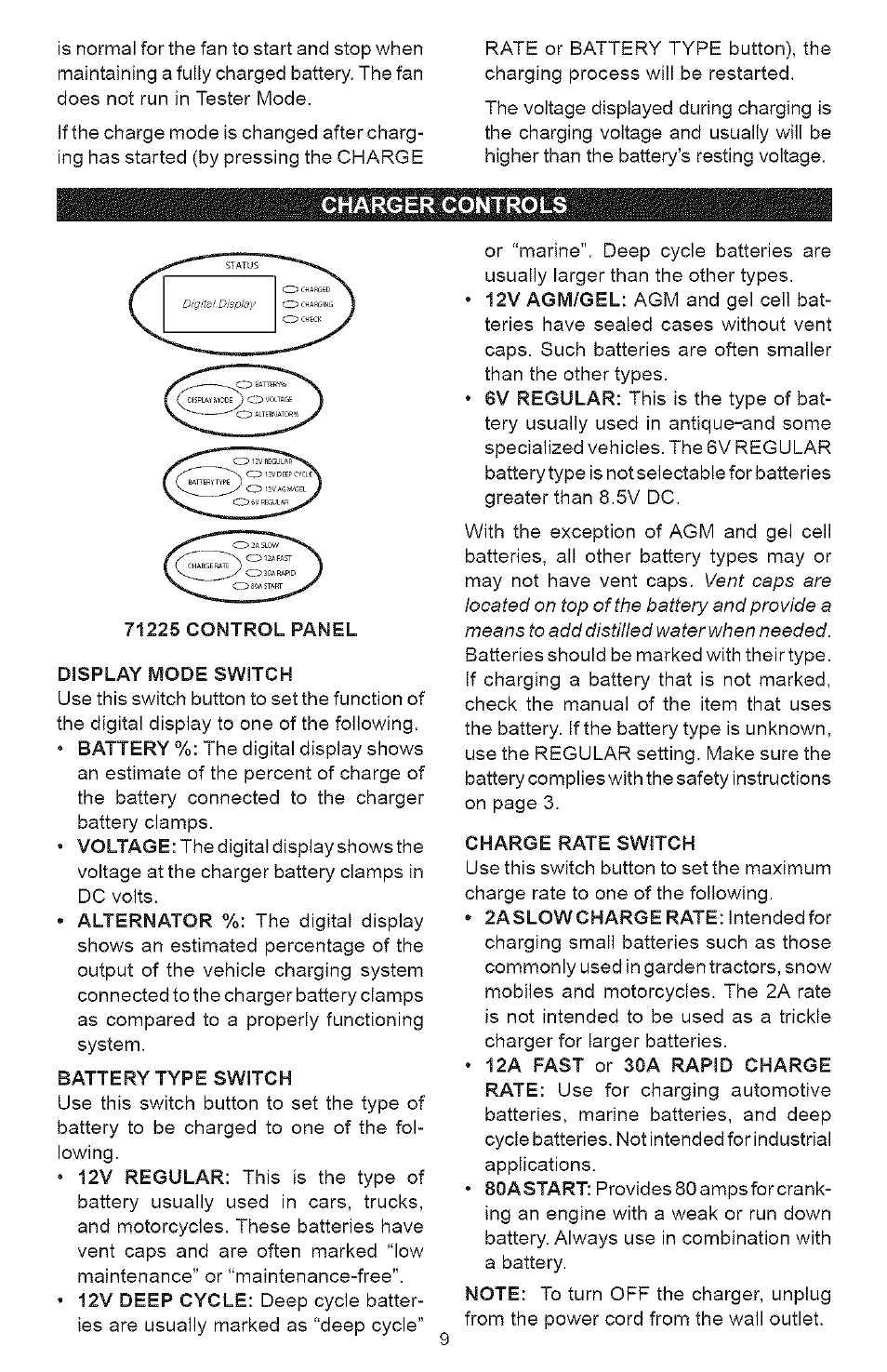 Charger controls | Sears 200.71225 User Manual | Page 9 / 16