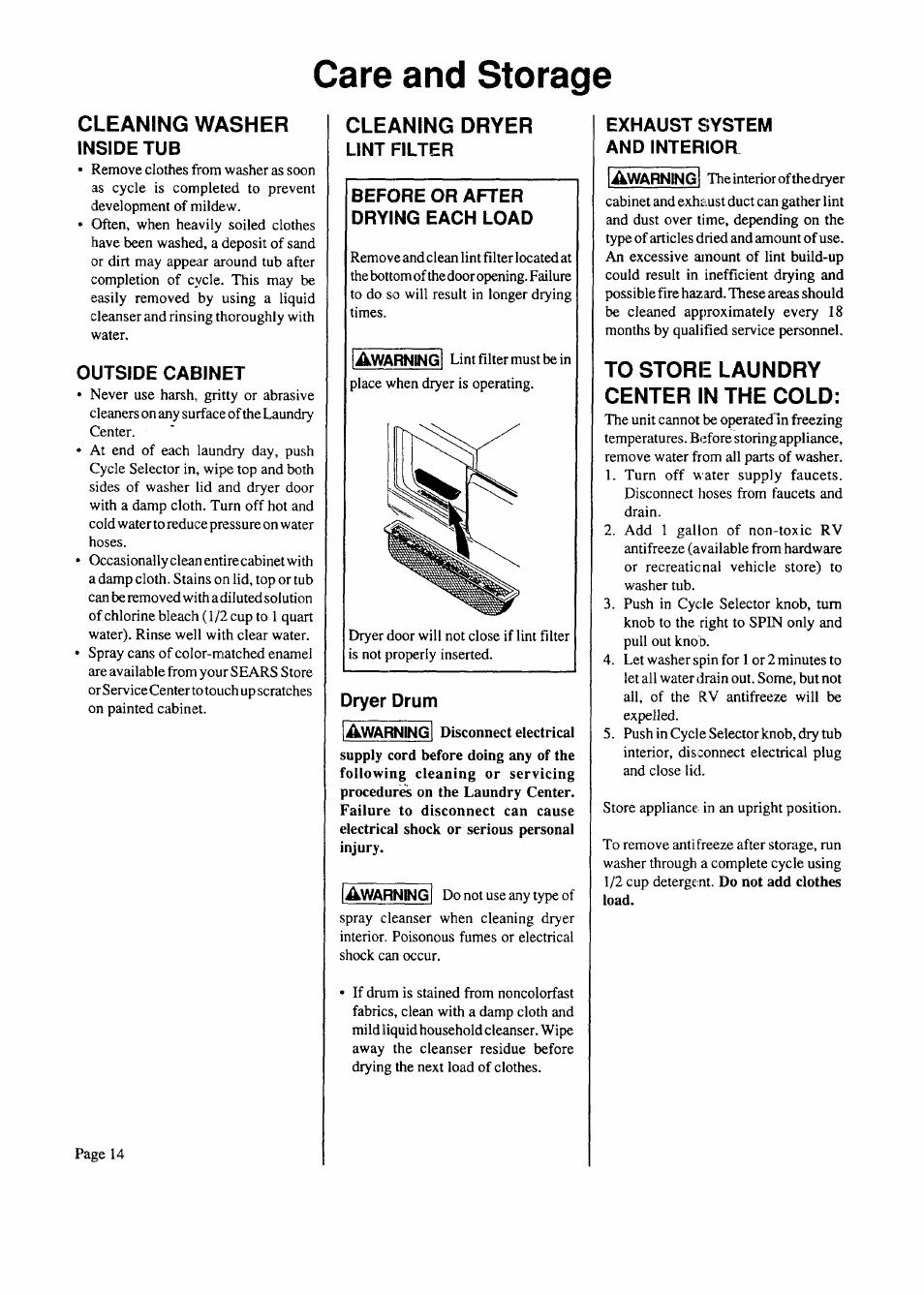 Care and storage, Cleaning washer, Cleaning dryer | To store laundry center in the cold | Sears 93701 User Manual | Page 14 / 16