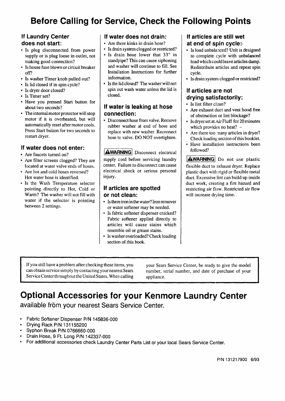Available from your nearest sears service center, Fabric softener dispenser p/n 145836-000, Drying rack p/n 131155200 | Syphon break p/n 0766660-000, Drain hose, 9 ft. long p/n 142337-000 | Sears 93701 User Manual | Page 16 / 16