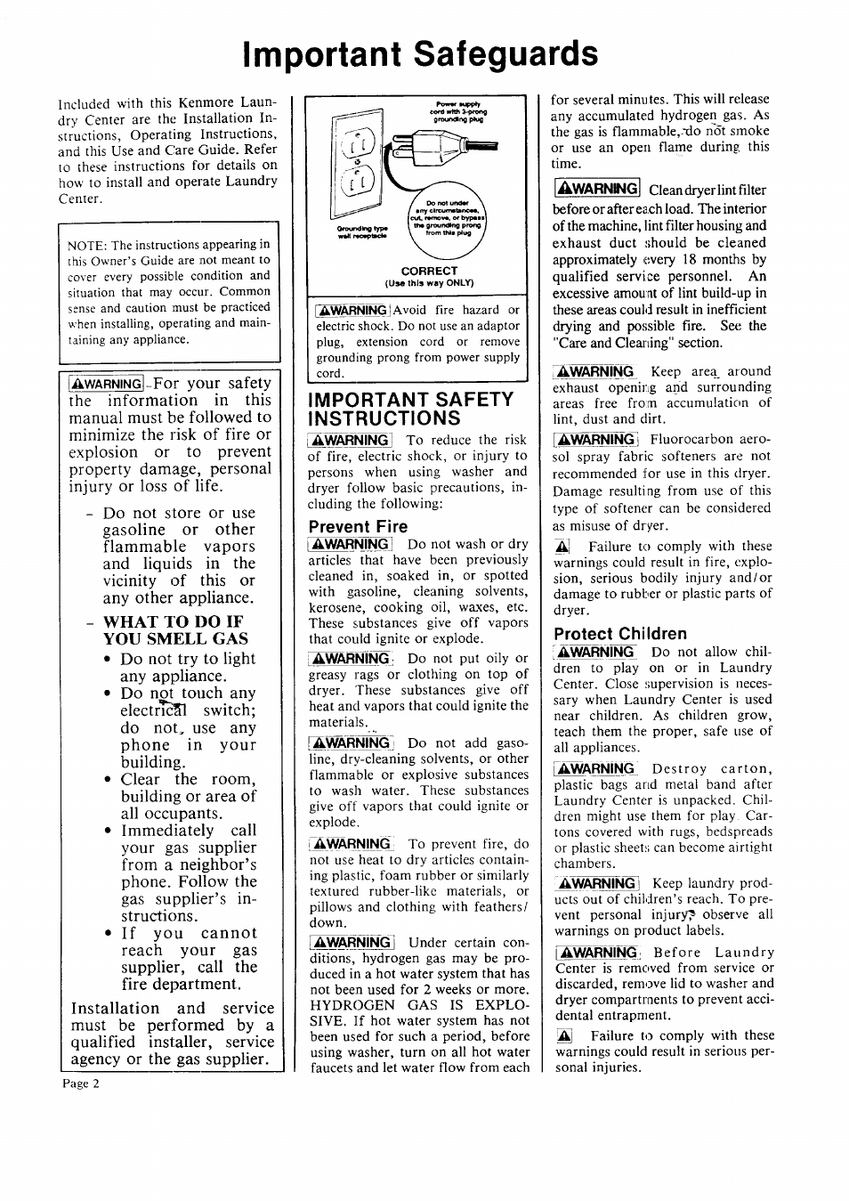 Important safeguards, Important safety instructions, Prevent fire | What to do if you smell gas | Sears 93701 User Manual | Page 2 / 16
