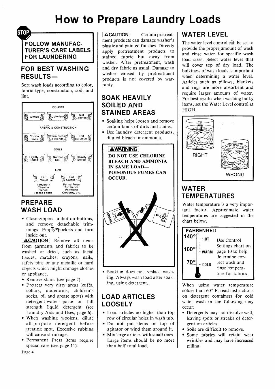 How to prepare laundry loads, Prepare wash load, Soak heavily soiled and stained areas | Load articles loosely, Water level, Water temperatures | Sears 93701 User Manual | Page 4 / 16