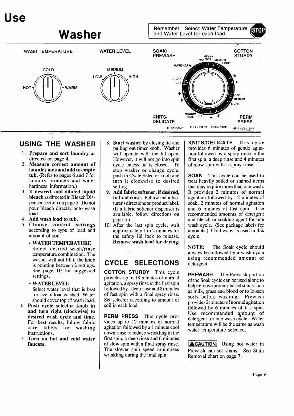 Using the washer, Cycle selections, Use washer | Sears 93701 User Manual | Page 9 / 16