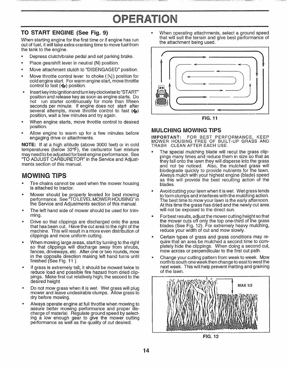 To start engine {see fig. 9), Mowing tips, Pulchíng mowing tips | Operatson | Sears 917.25254 User Manual | Page 14 / 56