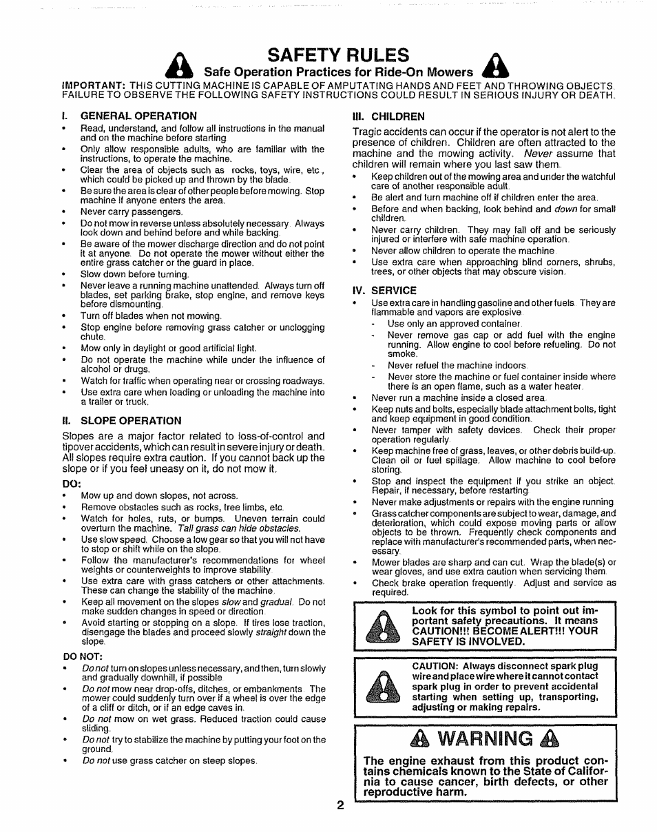 Safe operation practices for ride-on mowers, I. general operation, Ii. slope operation | Iii. children, Iv. service, Safety rules, A warning a | Sears 917.25254 User Manual | Page 2 / 56