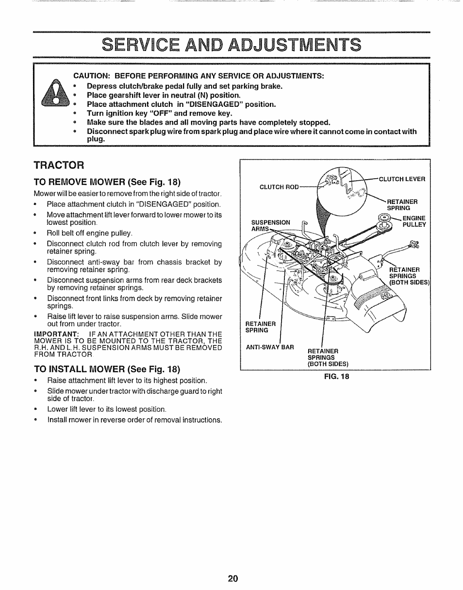 Tractor, To remove mower (see fig. 18), To install mower (see fig. 18) | Service and adjustments | Sears 917.25254 User Manual | Page 20 / 56