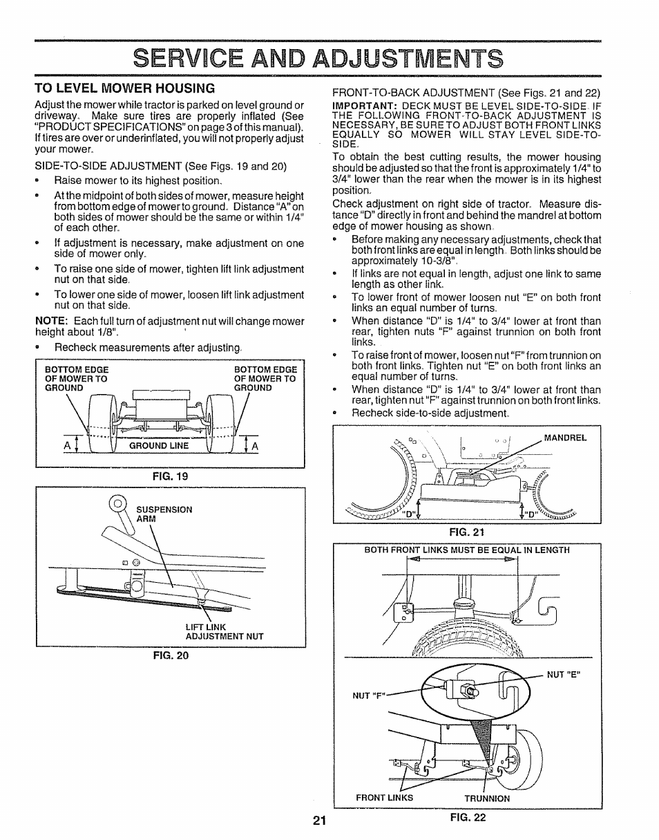To level mower housing, Service and adjustments | Sears 917.25254 User Manual | Page 21 / 56