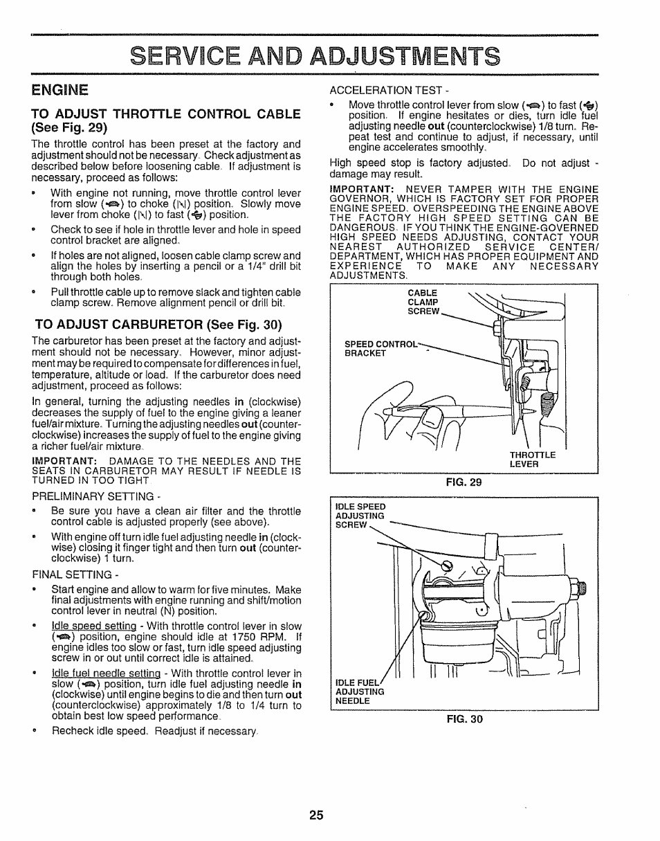 Engine, To adjust throttle control cable (see fig. 29), To adjust carburetor (see fig. 30) | Service and adjustments | Sears 917.25254 User Manual | Page 25 / 56