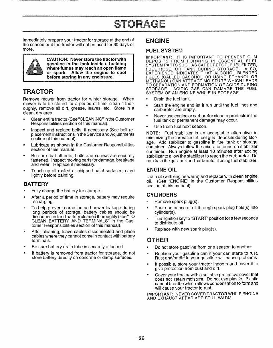 Tractor, Battery, Engine | Fuel system, Engine oil, Cylinders, Other, Storage | Sears 917.25254 User Manual | Page 26 / 56