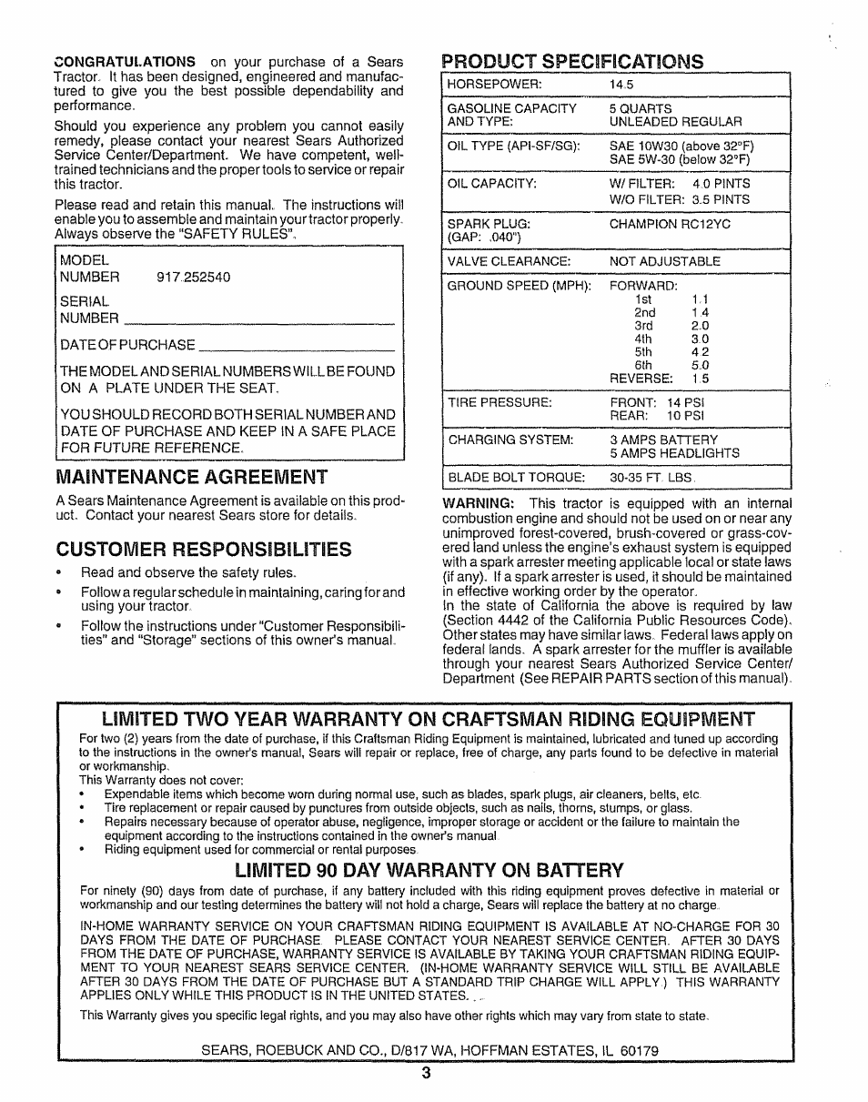 Product specircatsoms, Maintenance agreement, Customer responsibilities | Limited 90 day warranty on battery | Sears 917.25254 User Manual | Page 3 / 56