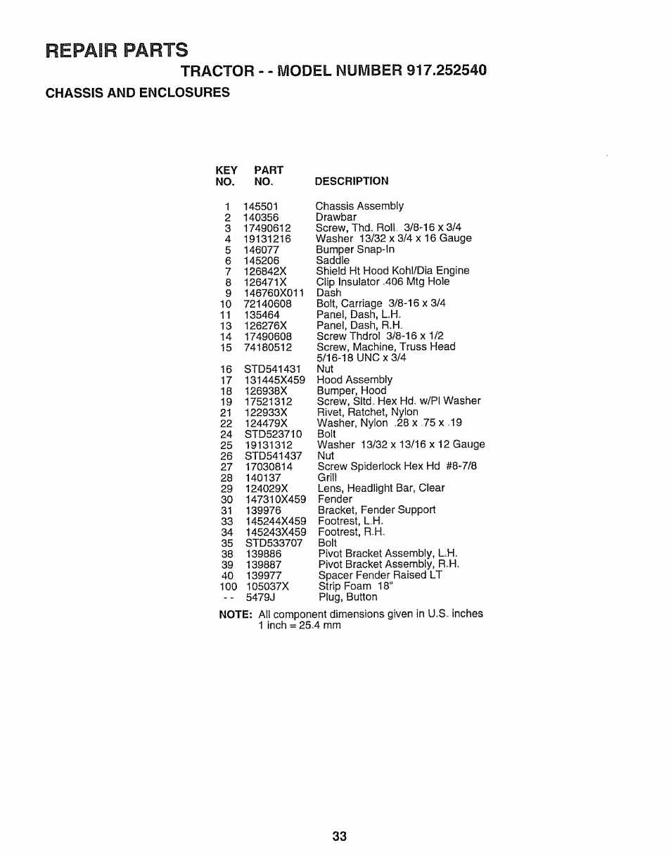 Repair parts | Sears 917.25254 User Manual | Page 33 / 56